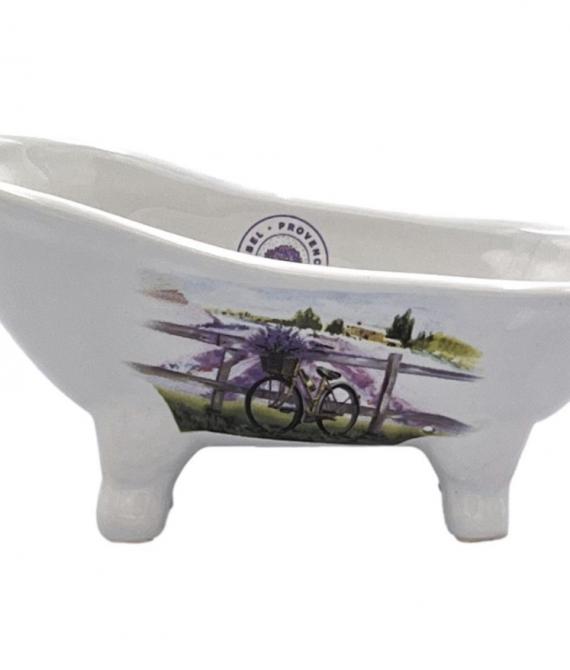Badewanne mit Lavendfeldern und Fahrrad, Umzaunung